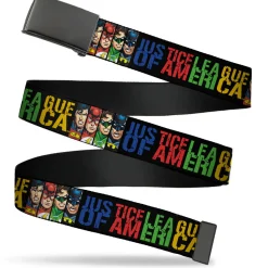 Web Belt Blank Black Buckle - JUSTICE LEAGUE OF AMERICA w/Superhero Blocks Black/Multi Color Webbing