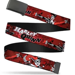 Web Belt Blank Black Buckle - HARLEY QUINN Poses/Comic Book Scenes Reds/Black Webbing