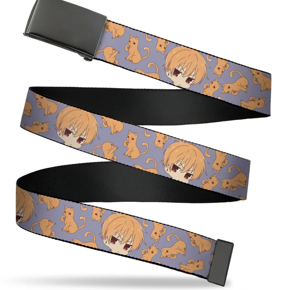 Web Belt Blank Black Buckle - Fruits Basket Chibi Kyo Soma and Cat Scattered Blue/Orange Webbing