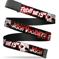 Web Belt Blank Black Buckle - FRIDAY THE 13TH JASON VOORHIES Mask Text Black/Red/White Webbing