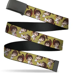 Web Belt Blank Black Buckle - Hell's Paradise Chibi Sagiri Sword Poses Scattered Golden Yellow Webbing