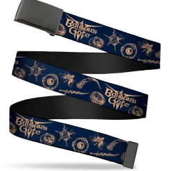 Web Belt Blank Black Buckle - BALDUR'S GATE III Title Logo and Icons Blue/Tan Webbing