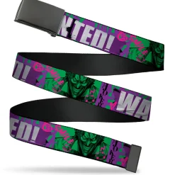 Web Belt Blank Black Buckle - THE JOKER WANTED Smiling Pose and Graffiti Purples/Greens Webbing
