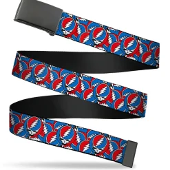 Web Belt Blank Black Buckle - Grateful Dead Steal Your Face Logo Stacked Red/White/Blue Webbing