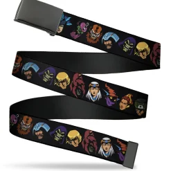 Web Belt Blank Black Buckle - Masters of the Universe Heroes and Villains Faces Black Webbing
