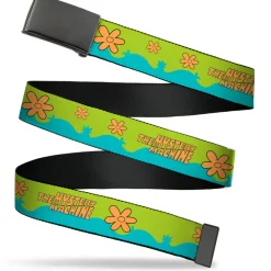 Web Belt Blank Black Buckle - Scooby Doo THE MYSTERY MACHINE Paint Job Green/Aqua/Orange Webbing