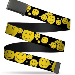 Web Belt Blank Black Buckle - Smiley Face Splatter Scattered Black/Yellow Webbing