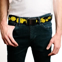 Web Belt Blank Black Buckle - Smiley Face Splatter Scattered Black/Yellow Webbing