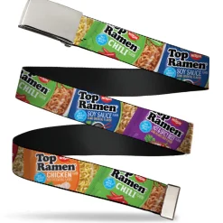 Web Belt Blank Chrome Buckle - Top Ramen Vivid Flavor Packages Stacked Multi Color Webbing