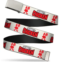 Web Belt Blank Chrome Buckle - ROBOT CHICKEN Title Logo and Chicken Silhouette Ivory Webbing