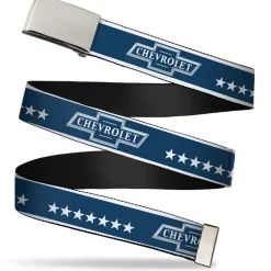 Web Belt Blank Chrome Buckle - CHEVROLET Bowtie/Stars Blue/White Webbing