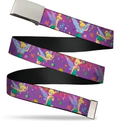 Web Belt Blank Chrome Buckle - Tinker Bell Poses/Flowers/Stars/Skull Purple Webbing