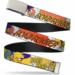 Web Belt Blank Chrome Buckle - ROAD RUNNER w/Road Runner Poses Orange Webbing