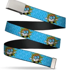 Web Belt Blank Chrome Buckle - Dexter's Lab Dexter Arms Up Pose and Text Blues Webbing