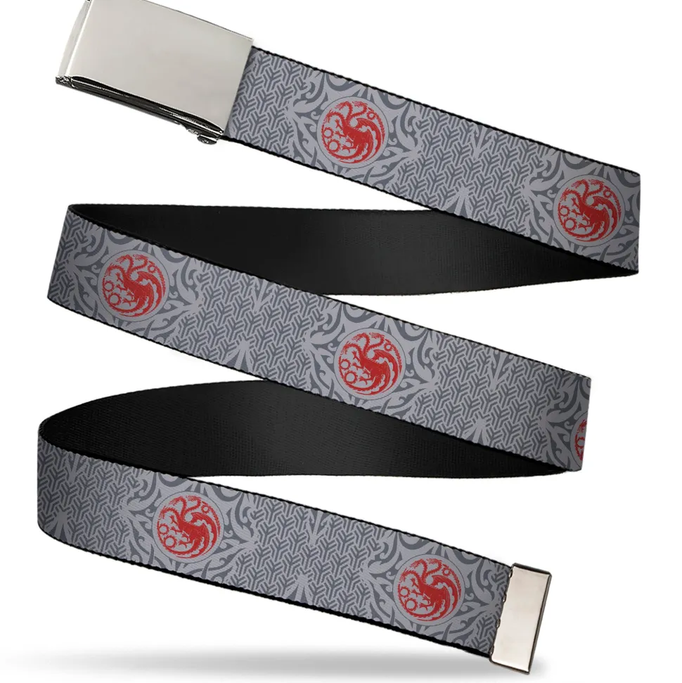 Web Belt Blank Chrome Buckle - House of the Dragon Rising Dragon Icon Black/Red Webbing