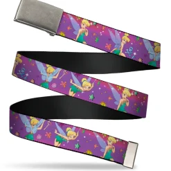 Web Belt Blank Matte Buckle - Tinker Bell Poses/Flowers/Stars/Skull Purple Webbing