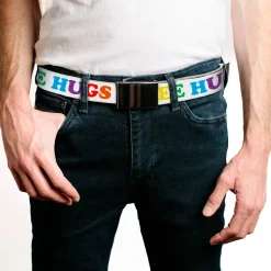 Web Belt Blank Matte Buckle - FREE HUGS White/Multi Color Webbing