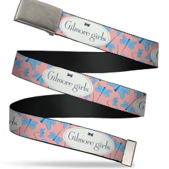 Web Belt Clasp Buckle - GILMORE GIRLS Title Logo and Dragon Flies Scattered Pink/White/Blues Webbing
