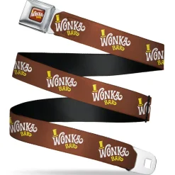 Willy Wonka and the Chocolate Factory WONKA BAR Logo Full Color Brown/Yellow/White Seatbelt Belt - Willy Wonka and the Chocolate Factory WONKA BAR Logo Brown/Yellow/White Webbing