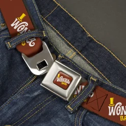 Willy Wonka and the Chocolate Factory WONKA BAR Logo Full Color Brown/Yellow/White Seatbelt Belt - Willy Wonka and the Chocolate Factory WONKA BAR Logo Brown/Yellow/White Webbing