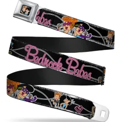 Wilma & Betty Full Color Black Seatbelt Belt - Wilma & Betty Glam Poses BEDROCK BABES Black/Pink Webbing