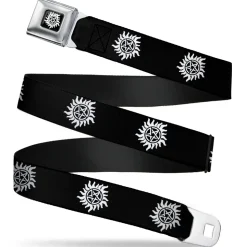 Winchester Logo Full Color Black White Seatbelt Belt - Winchester Pentagram Repeat Black/White Webbing
