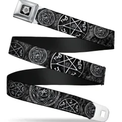 Winchester Logo Full Color Black White Seatbelt Belt - Supernatural Devil's Trap Pentagrams Grays/Black/White Webbing