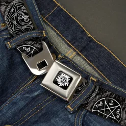 Winchester Logo Full Color Black White Seatbelt Belt - Supernatural Devil's Trap Pentagrams Grays/Black/White Webbing