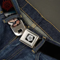 Winchester Logo Full Color Black White Seatbelt Belt - Winchester Brothers Faces CLOSE-UP & Logo Webbing