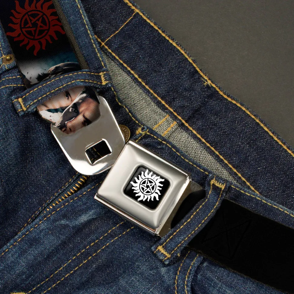 Winchester Logo Full Color Black White Seatbelt Belt - Winchester Brothers Faces CLOSE-UP & Logo Webbing