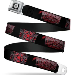 Winchester Logo Full Color Black White Seatbelt Belt - THE WINCHESTER BROS/Flaming Pentagram Black/White/Reds Webbing