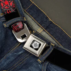 Winchester Logo Full Color Black White Seatbelt Belt - THE WINCHESTER BROS/Flaming Pentagram Black/White/Reds Webbing