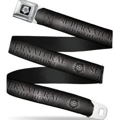 Winchester Logo Full Color Black White Seatbelt Belt - SUPERNATURAL-JOIN THE HUNT/Winchester Pentagram Grays/Black Webbing
