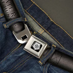 Winchester Logo Full Color Black White Seatbelt Belt - SUPERNATURAL-JOIN THE HUNT/Winchester Pentagram Grays/Black Webbing