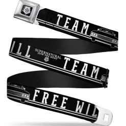 Winchester Logo Full Color Black White Seatbelt Belt - SUPERNATURAL TEAM FREE WILL/Impala Black/White Webbing