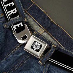 Winchester Logo Full Color Black White Seatbelt Belt - SUPERNATURAL TEAM FREE WILL/Impala Black/White Webbing