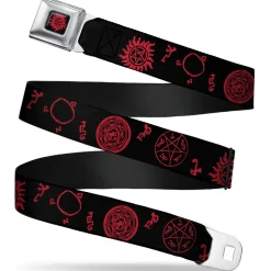 Winchester Pentagram Full Color Black Red Seatbelt Belt - Supernatural Symbols Scattered Black/Red Webbing
