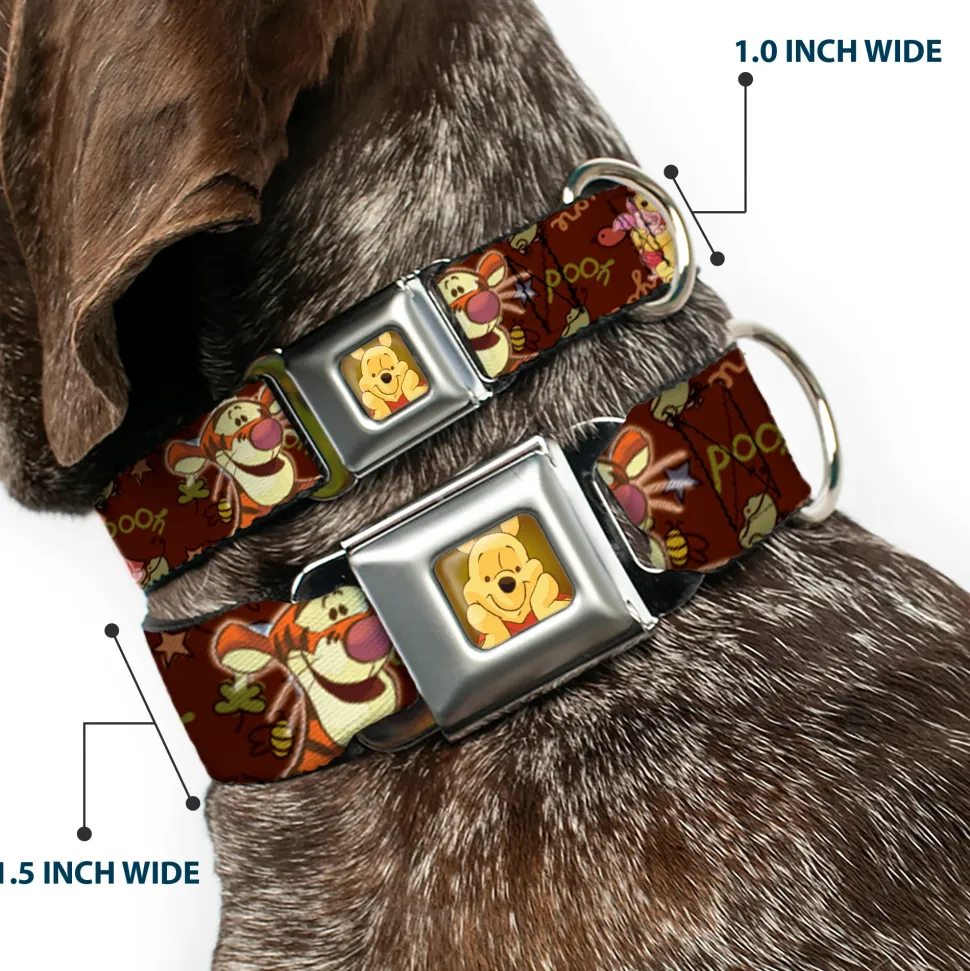 Winnie the Pooh Face Full Color Radial Brown Fade Seatbelt Buckle Collar - Winnie the Pooh Character Poses