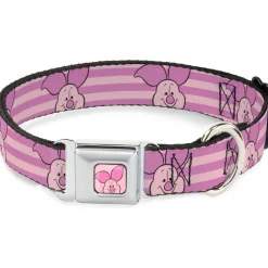 Winnie the Pooh Piglet Expression Close-Up Pink Seatbelt Buckle Collar - Winnie the Pooh Piglet Expression Close-Up Stripe Pinks