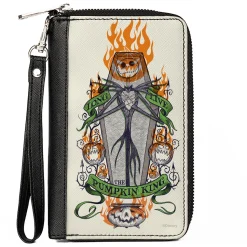 Women's PU Zip Around Wallet Rectangle - Nightmare Before Christmas LONG LIVE THE PUMPKIN KING Jack Corpse Pose Ivory Grays Orange Green