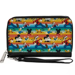 Women's PU Zip Around Wallet Rectangle - Disney Mickey and Friends Fab Four Stripes Multi Color