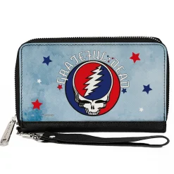 Women's PU Zip Around Wallet Rectangle - GRATEFUL DEAD Steal Your Face Logo Stars Blues White Red