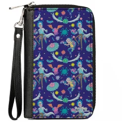 Women's PU Zip Around Wallet Rectangle - Rick and Morty Aliens and Cells Portal Gun Collage Purple
