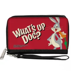 Women's PU Zip Around Wallet Rectangle - Looney Tunes Bugs Bunny WHAT'S UP DOC? Carrot Pose Red