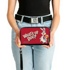 Women's PU Zip Around Wallet Rectangle - Looney Tunes Bugs Bunny WHAT'S UP DOC? Carrot Pose Red