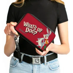 Women's PU Zip Around Wallet Rectangle - Looney Tunes Bugs Bunny WHAT'S UP DOC? Carrot Pose Red