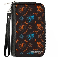 Women's PU Zip Around Wallet Rectangle - Harry Potter HAGRID'S FLYING MOTORBIKE Scattered Black Gray Blue Orange