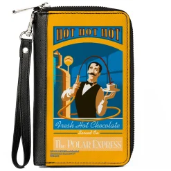 Women's PU Zip Around Wallet Rectangle - THE POLAR EXPRESS Hot Chocolate Waiter Yellows Blues Red