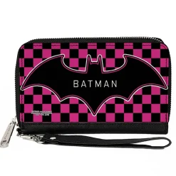 Women's PU Zip Around Wallet Rectangle - BATMAN Bat Logo Close-Up Checker Fuchsia Black