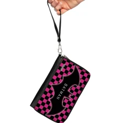 Women's PU Zip Around Wallet Rectangle - BATMAN Bat Logo Close-Up Checker Fuchsia Black